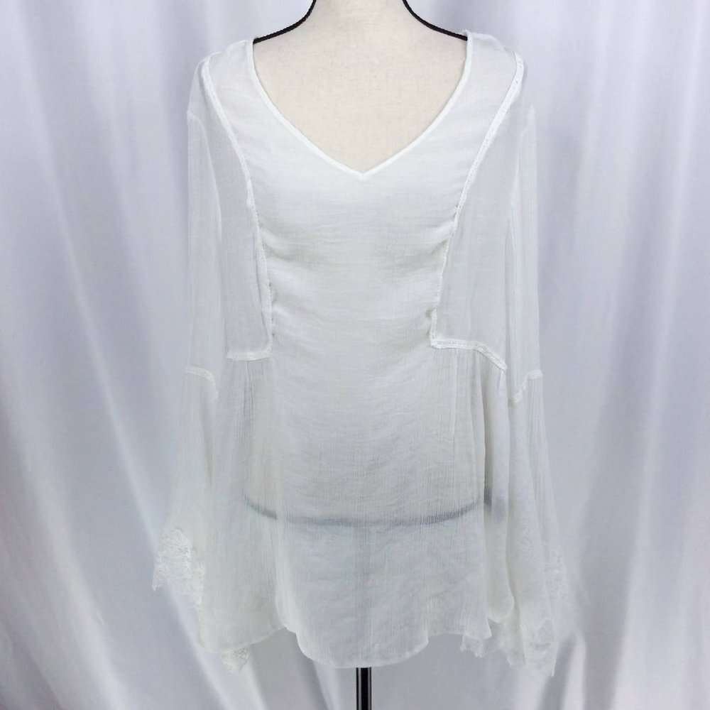 Unique Spectrum Women's Top 3X Bell‎ Sleeve V-Neck Hi Low Lace Flowy Tunic